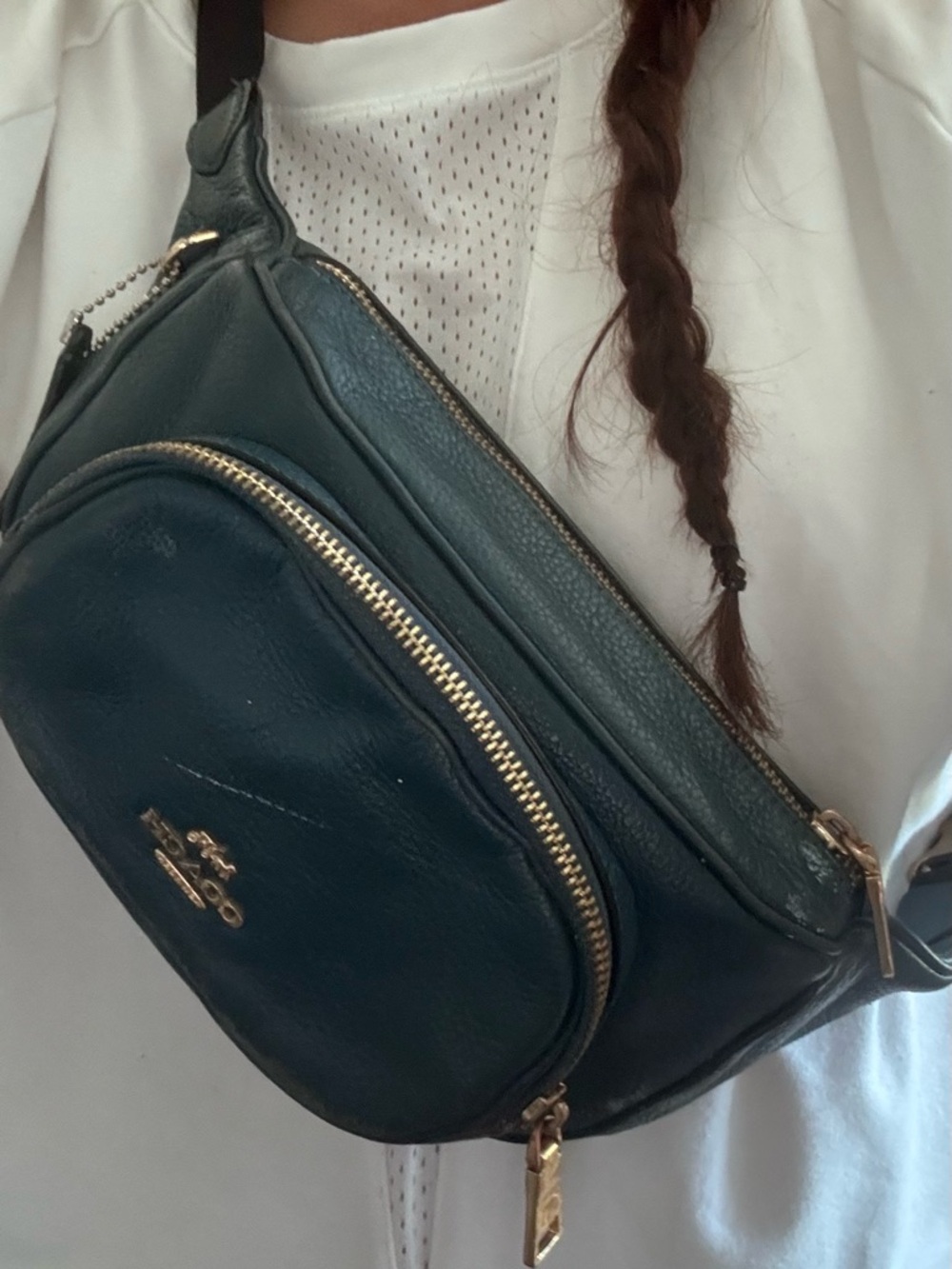 Coach Teal Leather Crossbody Belt Bag with Gold Hardware